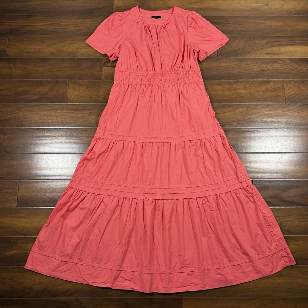 Quince  Women's Size Large Coral 100% Organic Cotton Poplin Tiered Maxi Dress